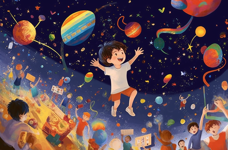 六一儿童节彩色画面行星太空狂欢庆祝派对孩子嬉戏书籍童真幻想插画,插画/手绘图,插画/手绘图库,插画/手绘图下载,插画/手绘